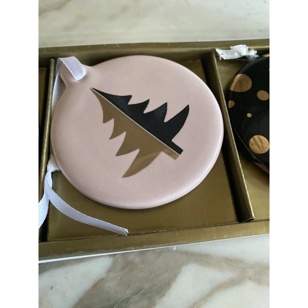 Ceramic Christmas Ornaments‎ Set of 3 Black Pink Gold Merry and Bright